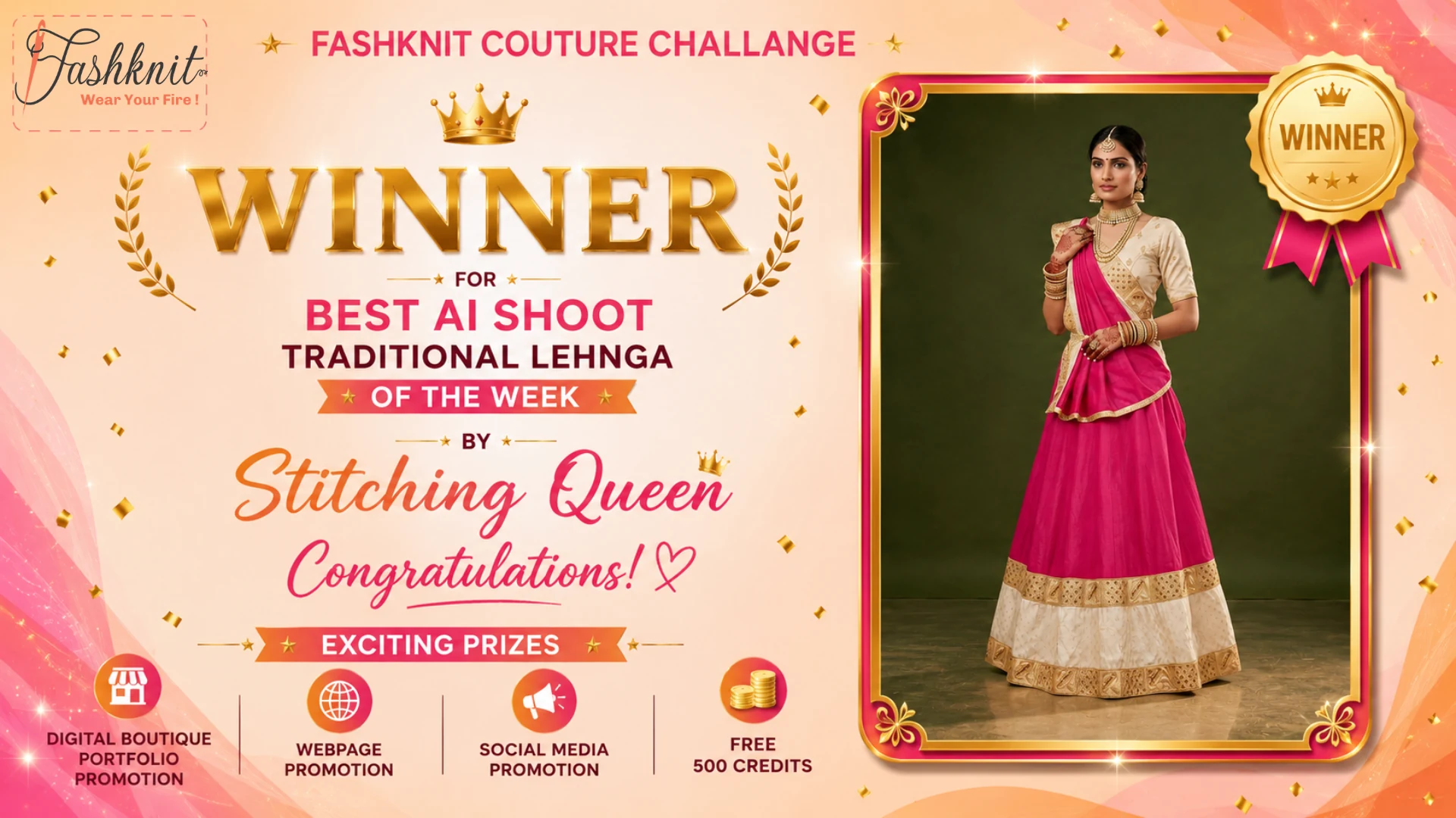 Winner banner: Stitching Queen, Best AI Shoot Traditional Lehenga of the Week, August 2026