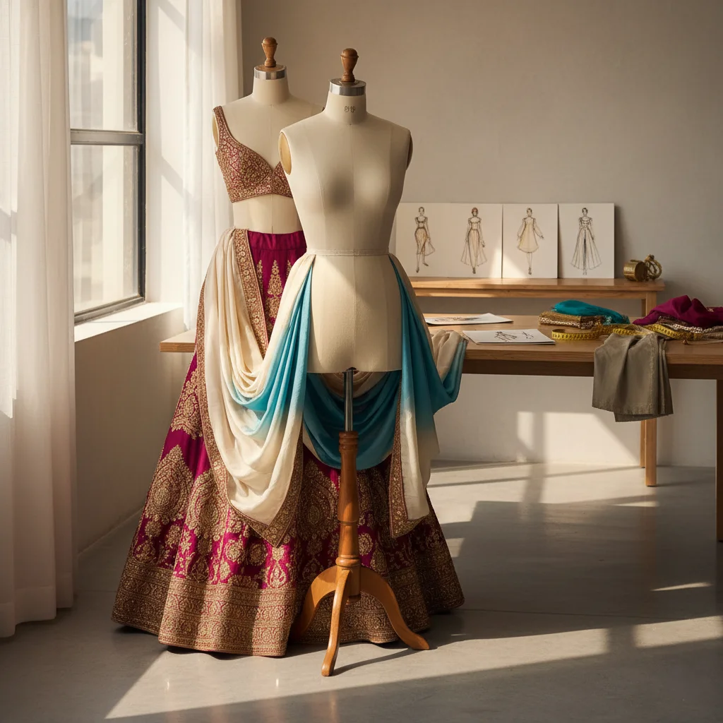 Designer fashion atelier studio with mannequin and fabrics